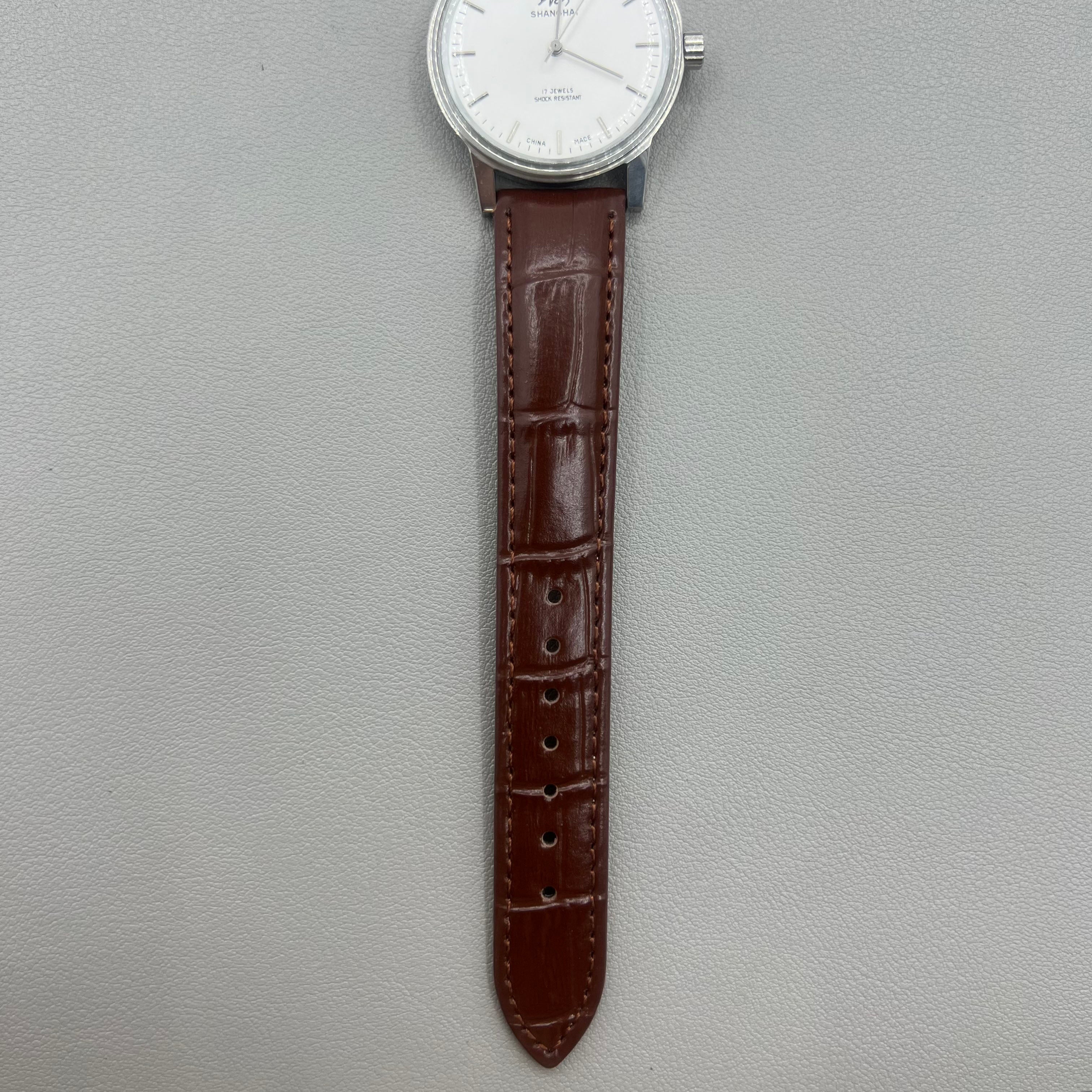 36mm Shanghai 8120 Manual Mechanical Brown Strap Watch 17 Jews White Dial
