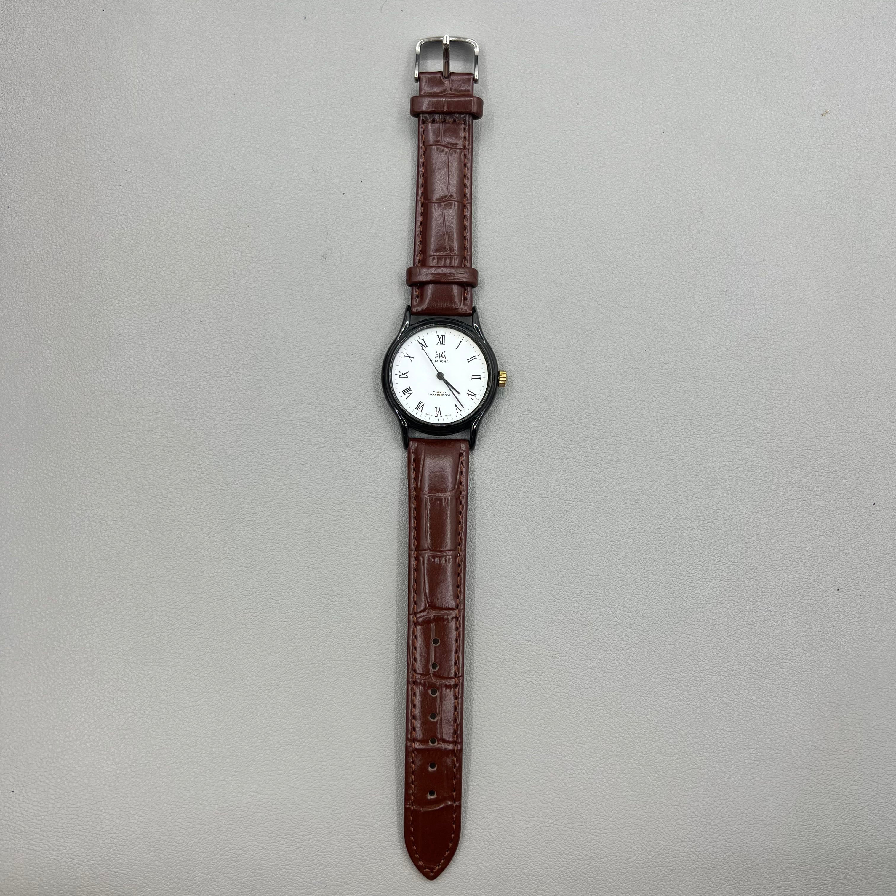 37mm Shanghai Brown Leather Strap Manual Mechanical Watch Roman Numerals 17 Jews
