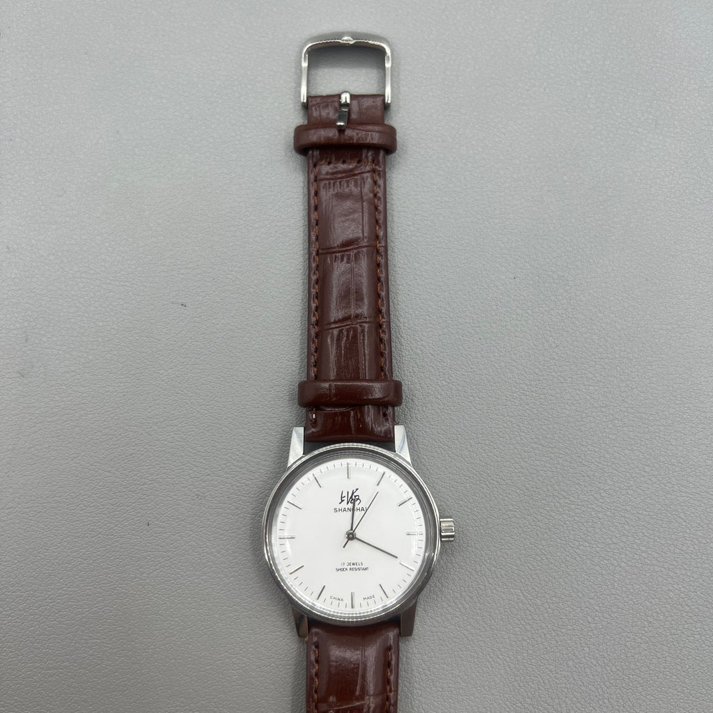 36mm Shanghai 8120 Manual Mechanical Brown Strap Watch 17 Jews White Dial