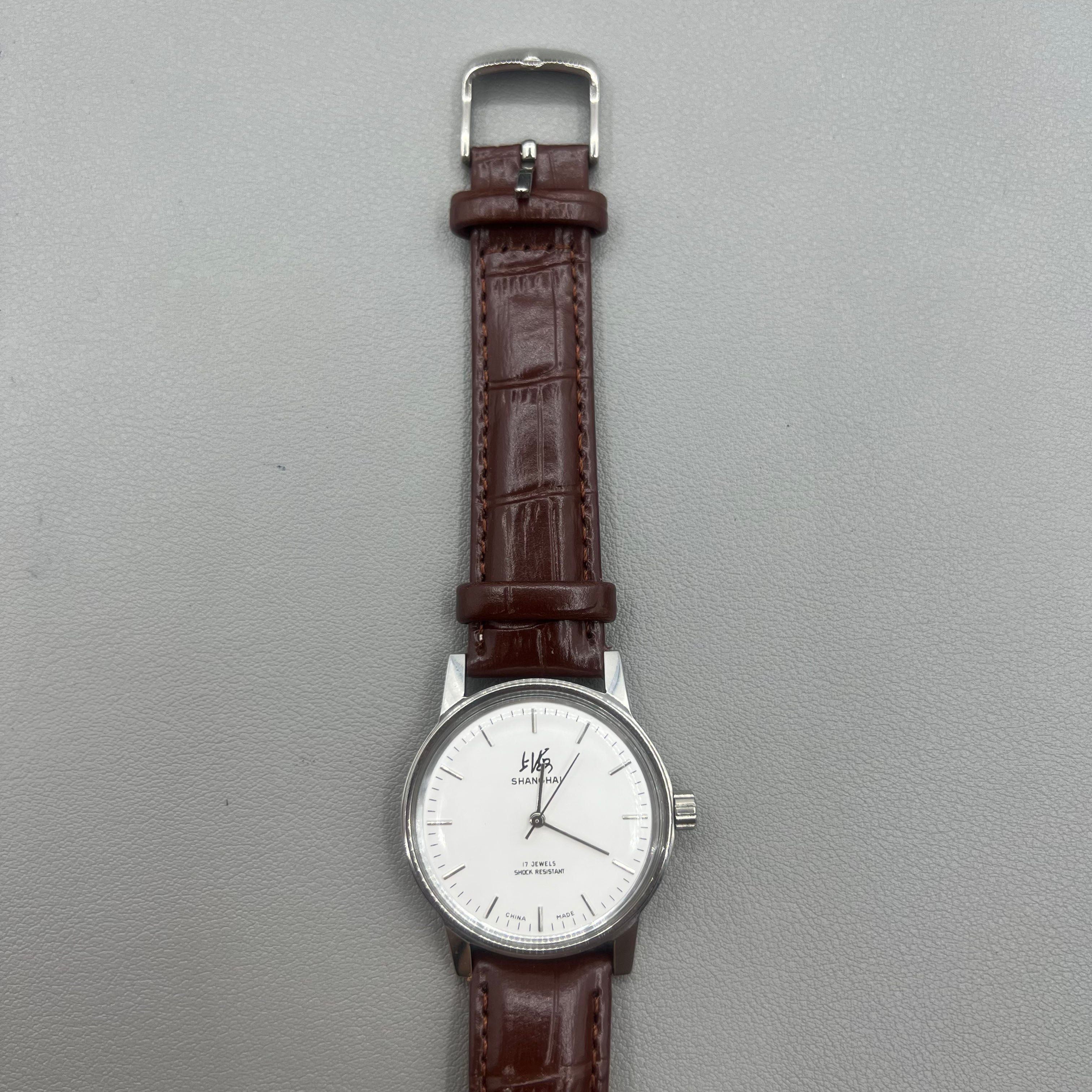 36mm Shanghai 8120 Manual Mechanical Brown Strap Watch 17 Jews White Dial