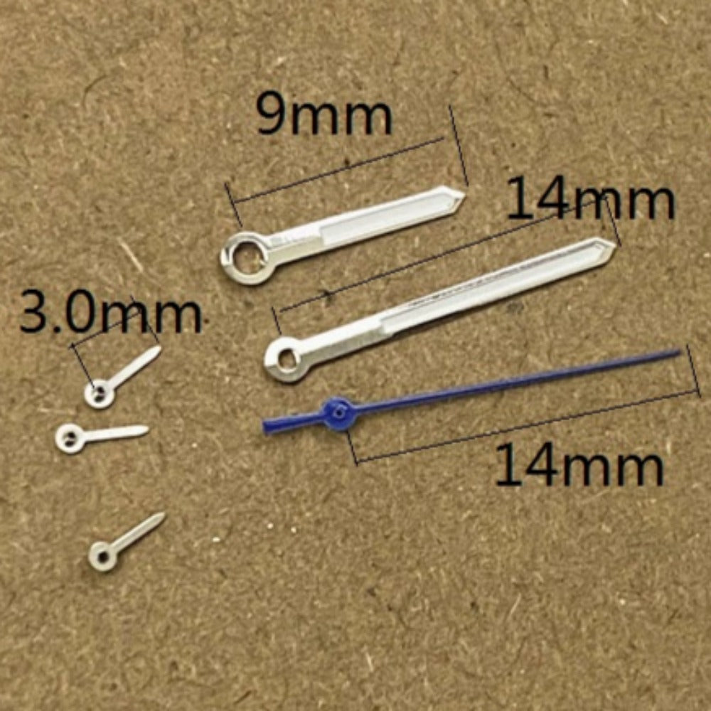 14mm Silver Trim Blue Second Green Lume Watch Hands for Miyota JS15 Quartz