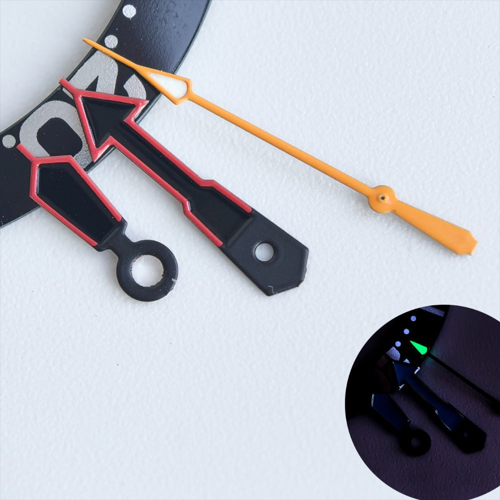 Red Trim Black Painted Orange Second Green Lume Watch Hands for NH35/36 Movement