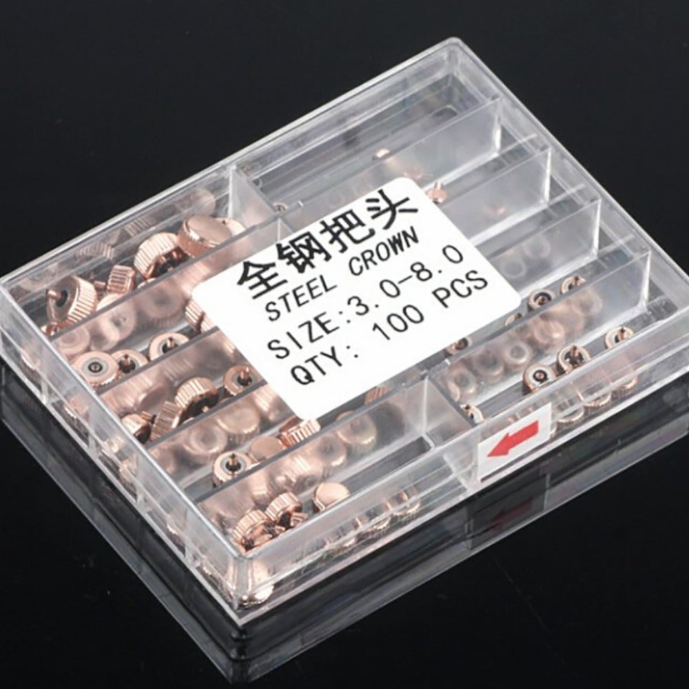 100pcs 3-8mm Rose Golden Stainless Steel Quartz Watch Crowns Kit Sets