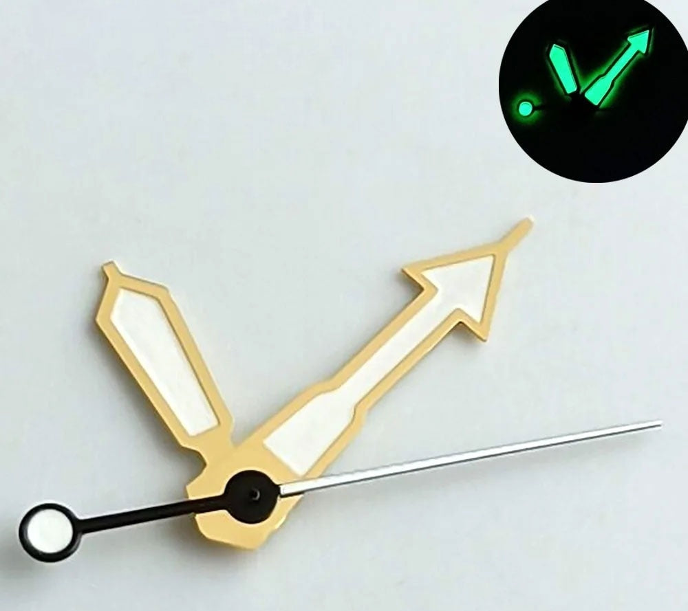 Arrow Shape Green Lume Golden Trim Watch Hands for NH35 NH36 7S26 NH70 NH72