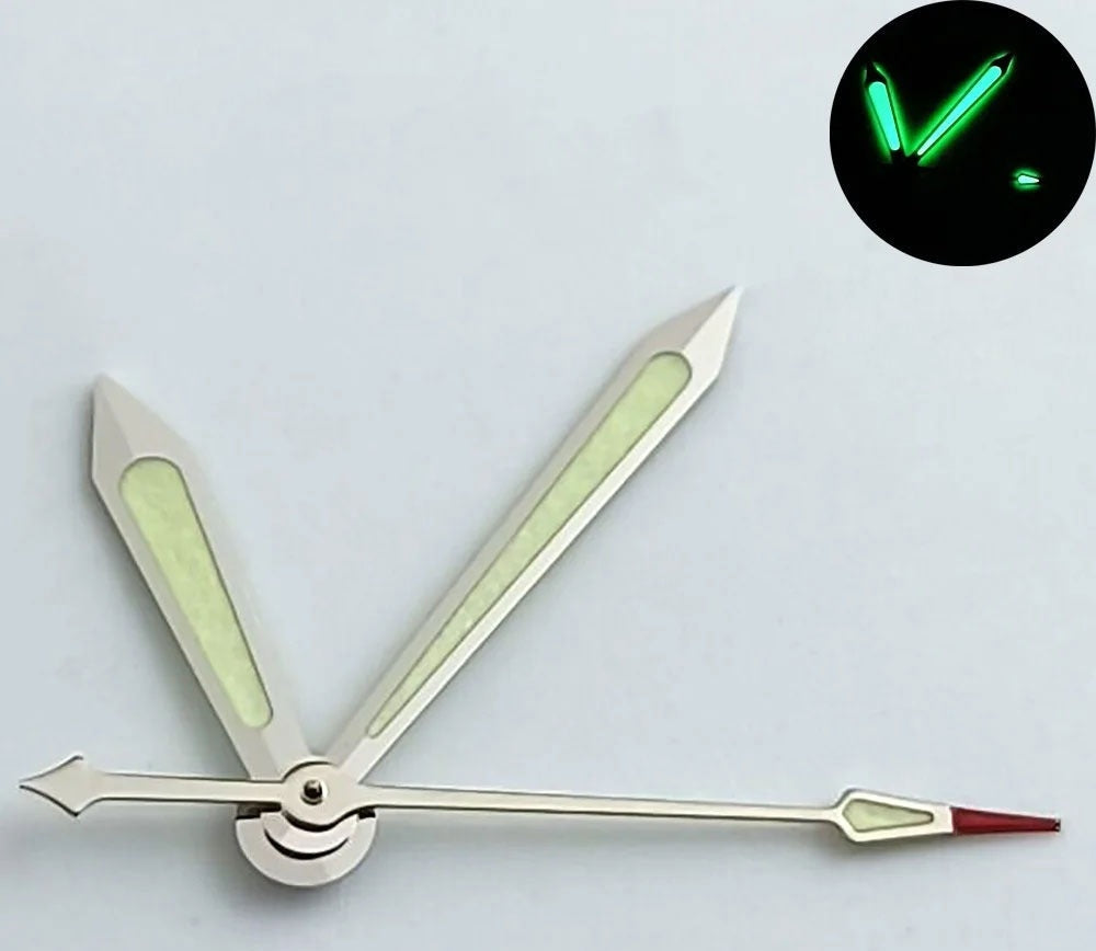 12.5mm Silver Trim Green Lume Watch Hands for NH35 NH36 7S26 NH70 NH72