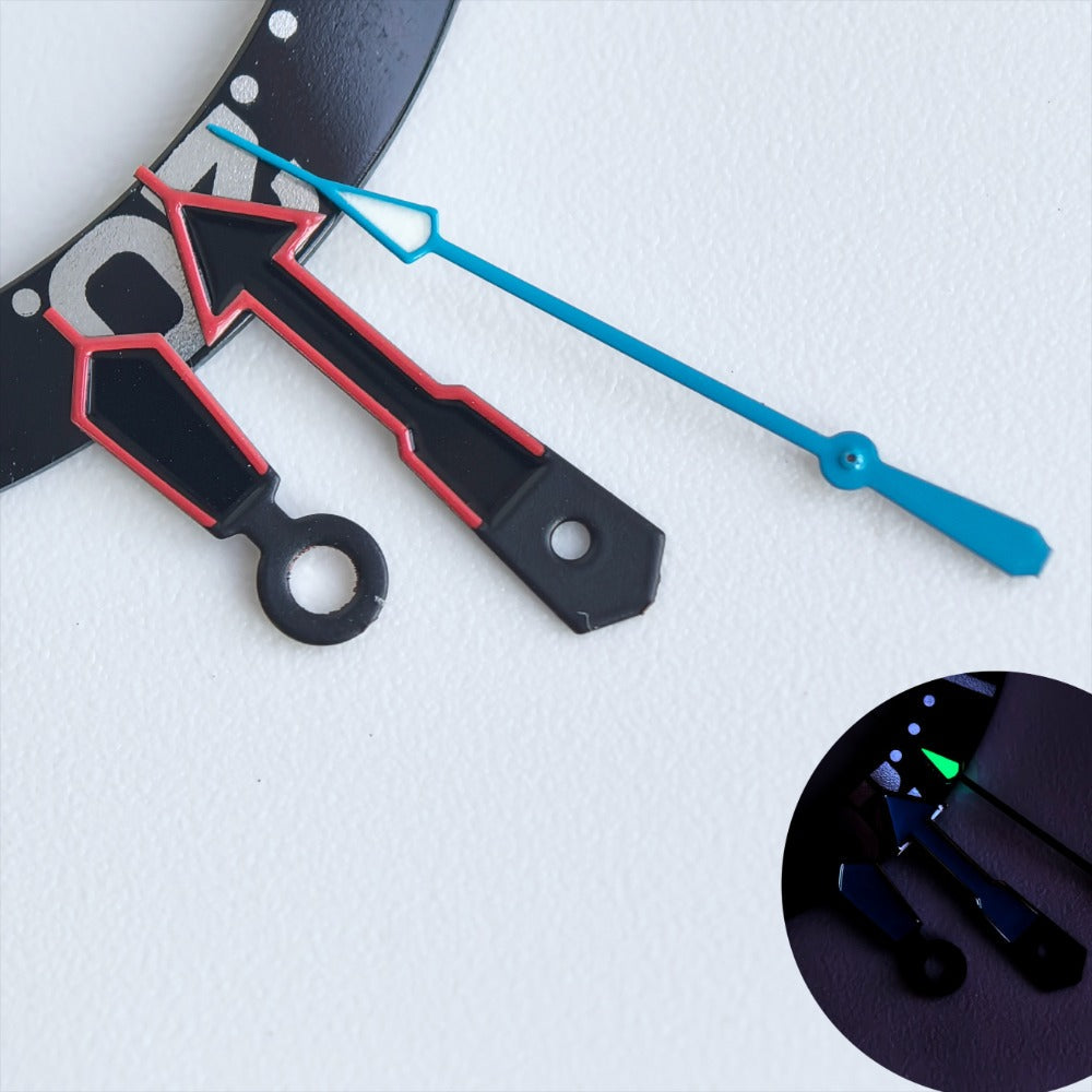 Red Trim Black Painted Blue Second Green Lume Watch Hands for NH35/36 Movement