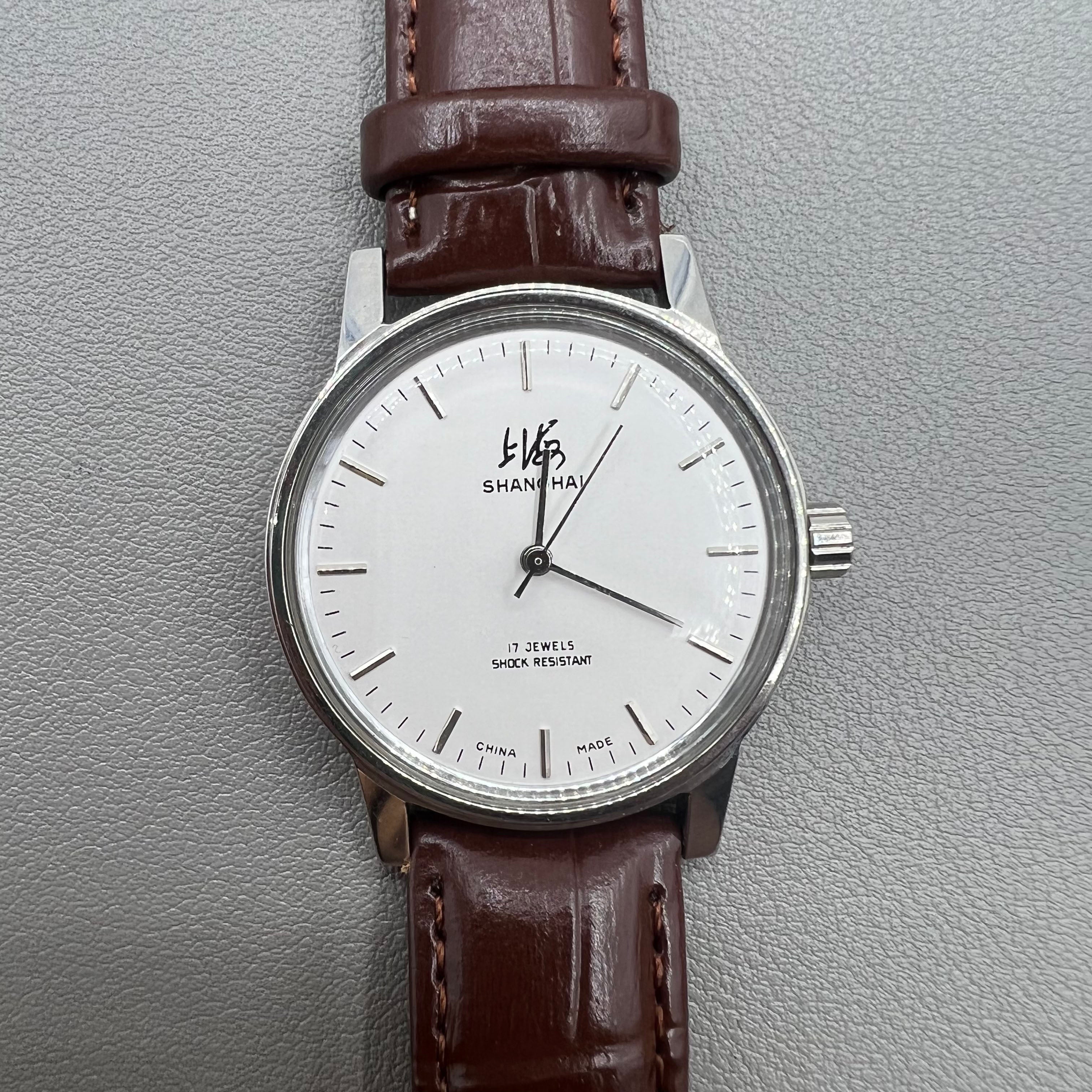 36mm Shanghai 8120 Manual Mechanical Brown Strap Watch 17 Jews White Dial