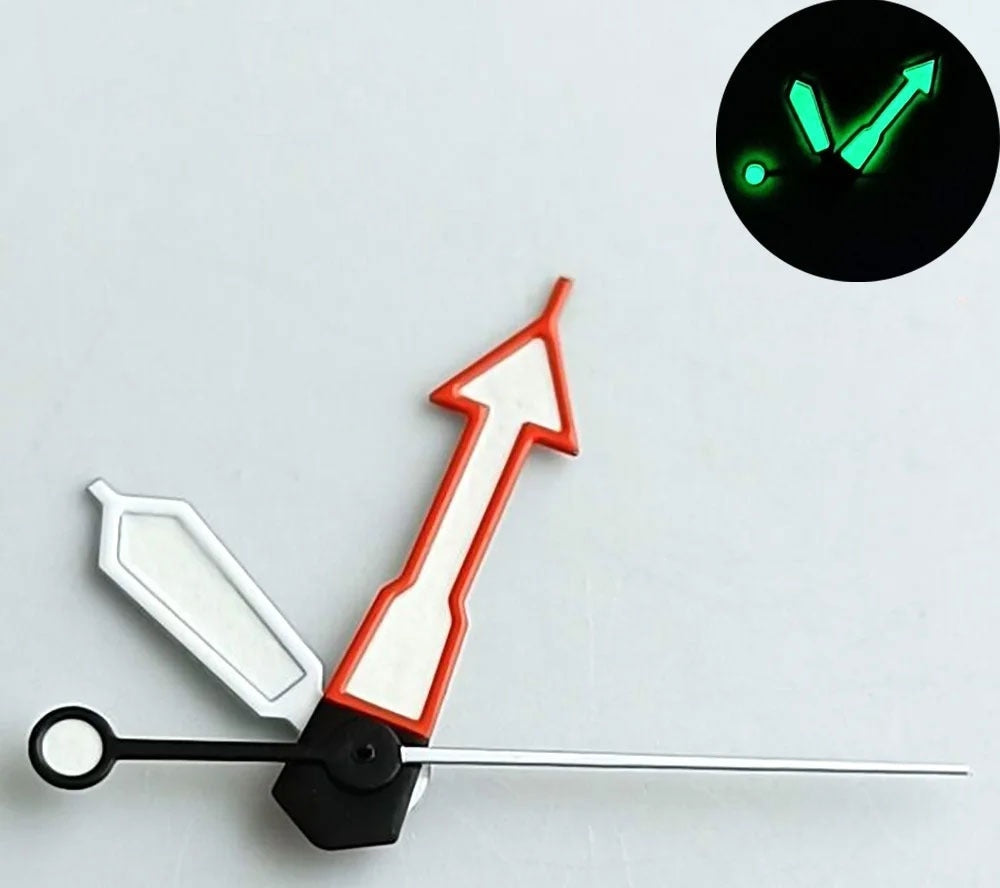 Green Lume Red+White Trim Arrow Shape Watch Hands for NH35 NH36 7S26 NH70