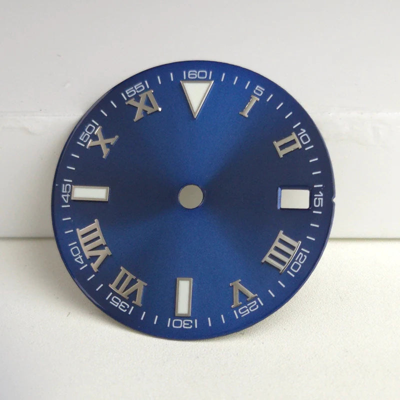 Silver Nail Roman Font Blue 29mm No Logo Watch Dial For NH35 NH36 Green Lume