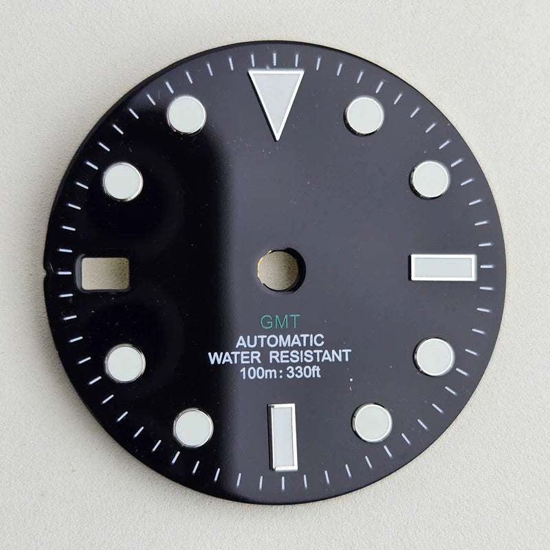 Black 28.5mm Blue Lume Watch Dial For NH35 Movement No Logo Green GMT