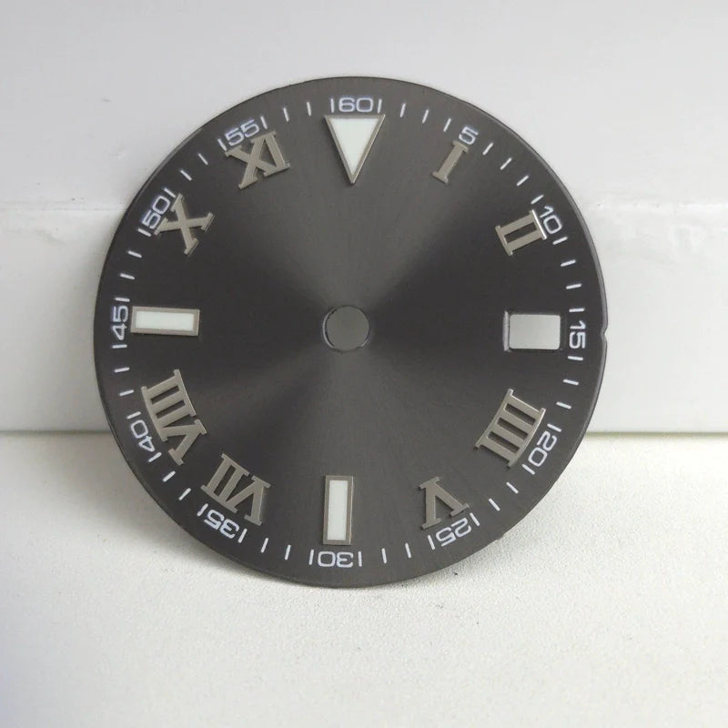 Silver Nail Roman Font Grey 29mm No Logo Watch Dial For NH35 NH36 Green Lume