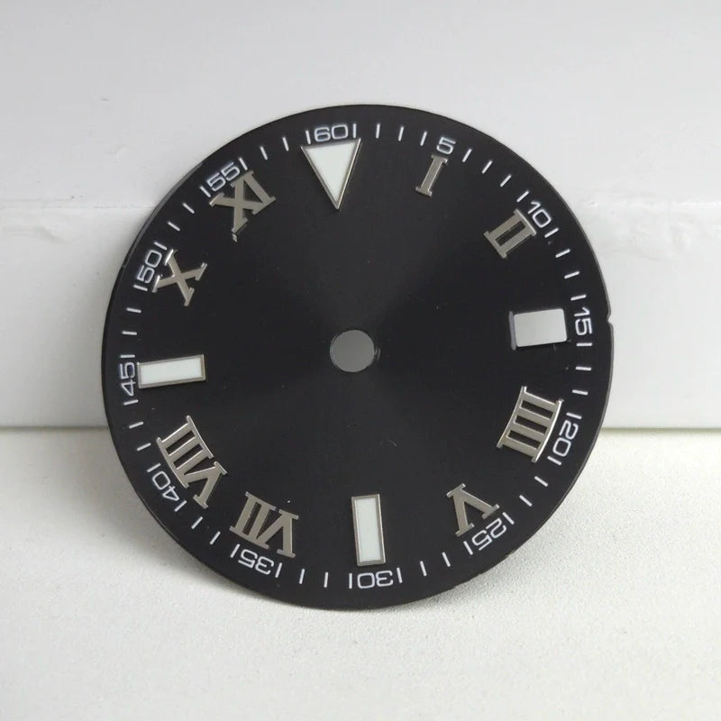 Silver Nail Roman Font Black 29mm No Logo Watch Dial For NH35 NH36 Green Lume