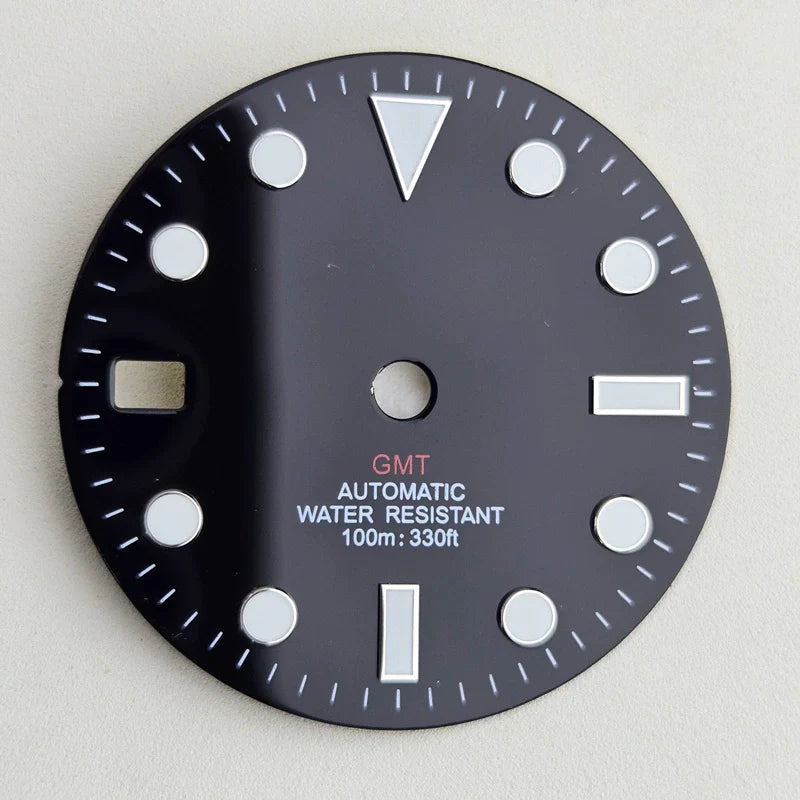 Black 28.5mm Blue Lume Watch Dial For NH36 Movement No Logo Red GMT