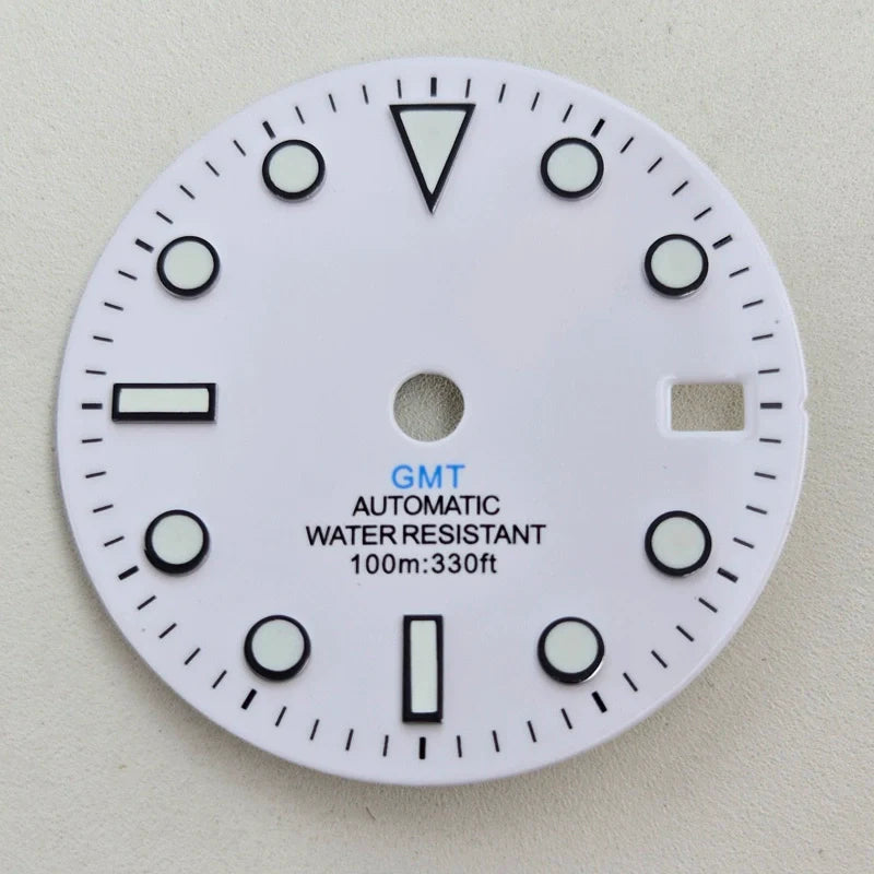 White 28.5mm Blue Lume Watch Dial For NH34 Movement No Logo Blue GMT