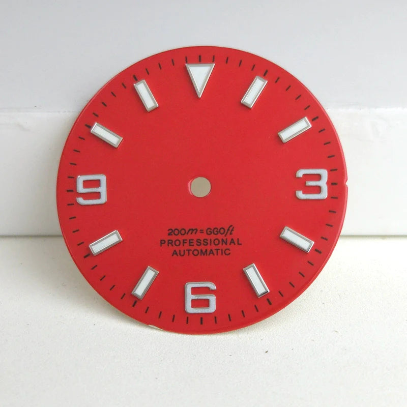 Red 29mm Silver Nail Watch Dial For Miyota 8215 8200 Blue Lume No Logo 3-6-9