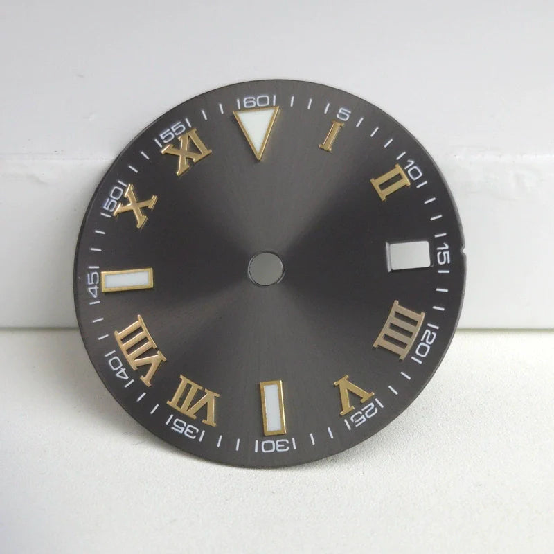 Grey Golden Nail Roman Font 29mm No Logo Watch Dial For NH35 NH36 Green Lume