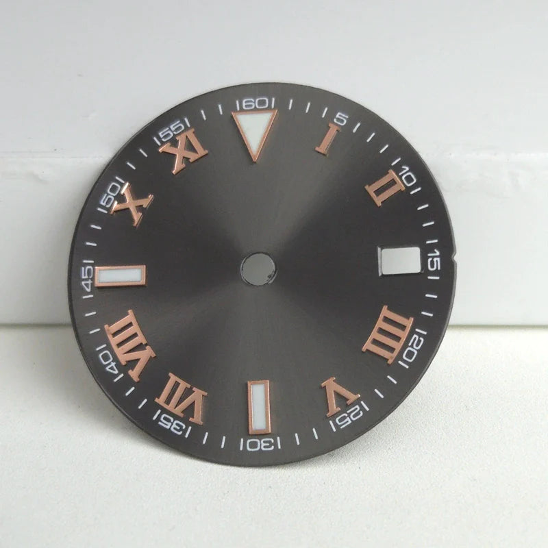 Rose Golden Nail Roman Font 29mm No Logo Watch Dial For NH35 NH36 Green Lume