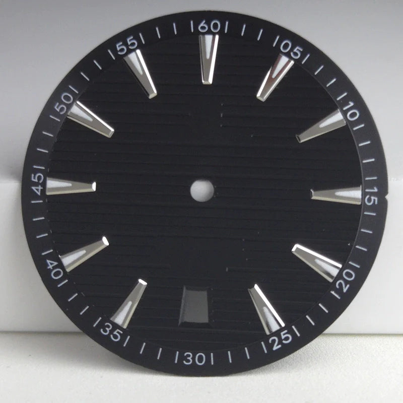 Black 33.5mm Watch Dial For NH35 Movement Green Lume No Logo Date At 6