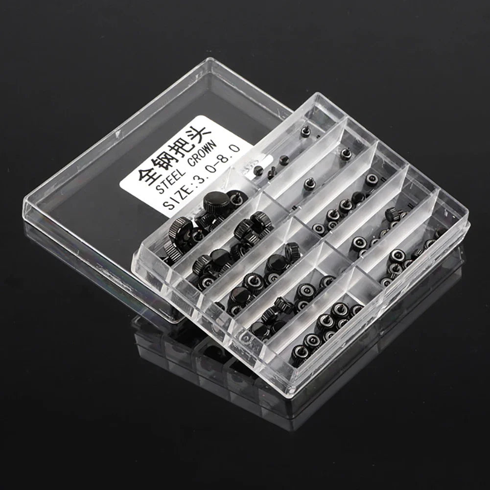 100pcs 3-8mm Black Stainless Steel Quartz Watch Crowns Kit Sets