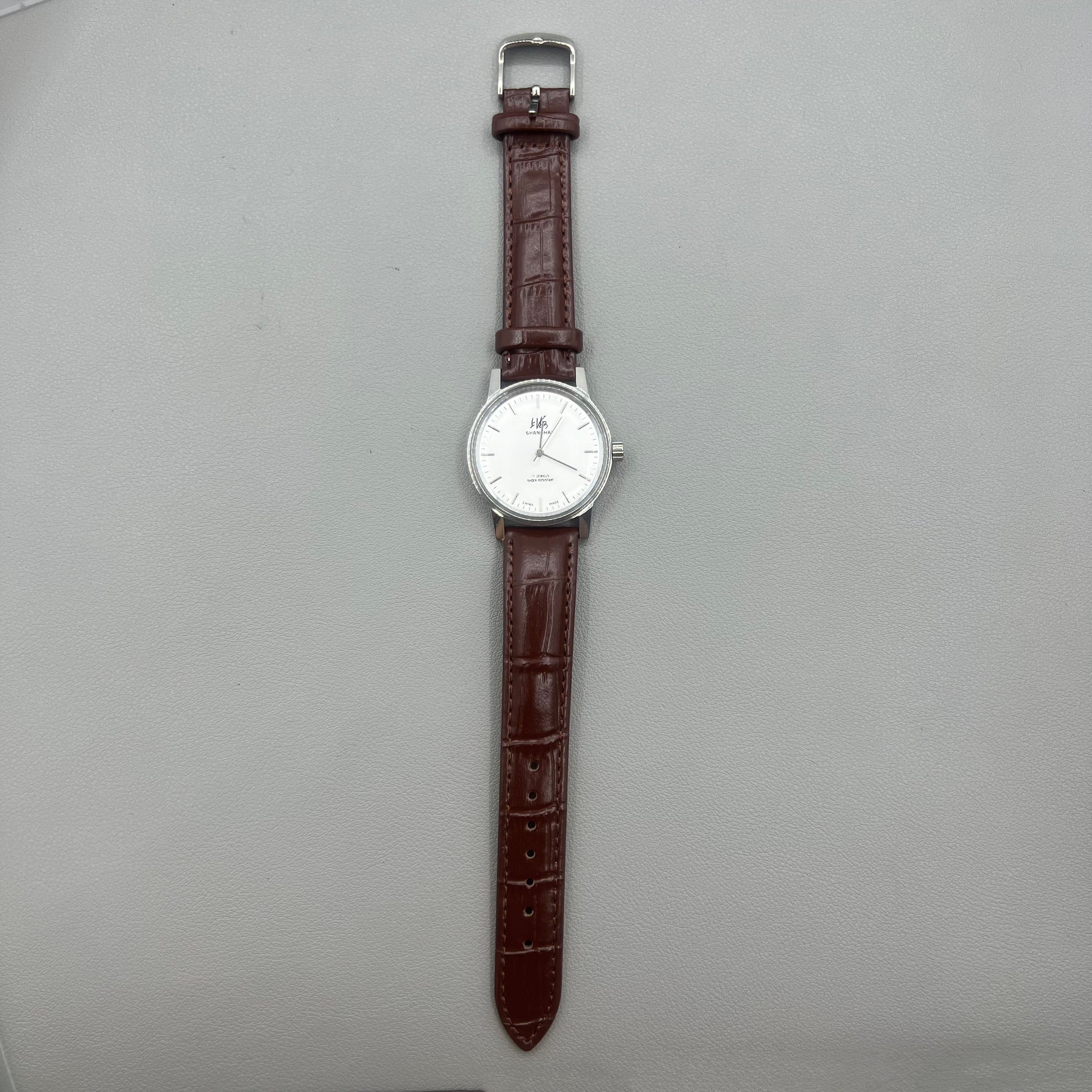 36mm Shanghai 8120 Manual Mechanical Brown Strap Watch 17 Jews White Dial