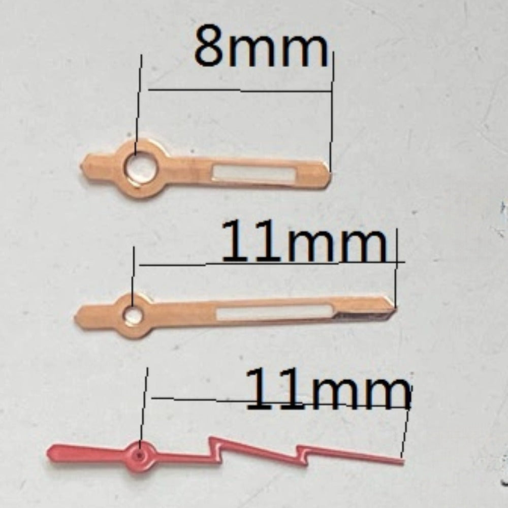 11mm Rose Golden Trim Red Second Green Lume Watch Hands for Ronda 515 Quartz