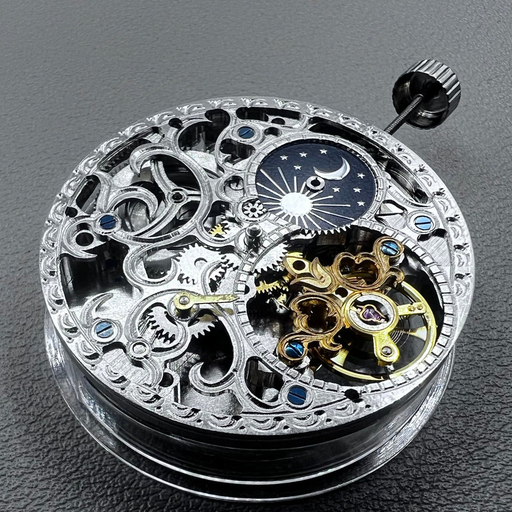Silver Hollow Mechanical Movement Big Flywheel Moonphase@3