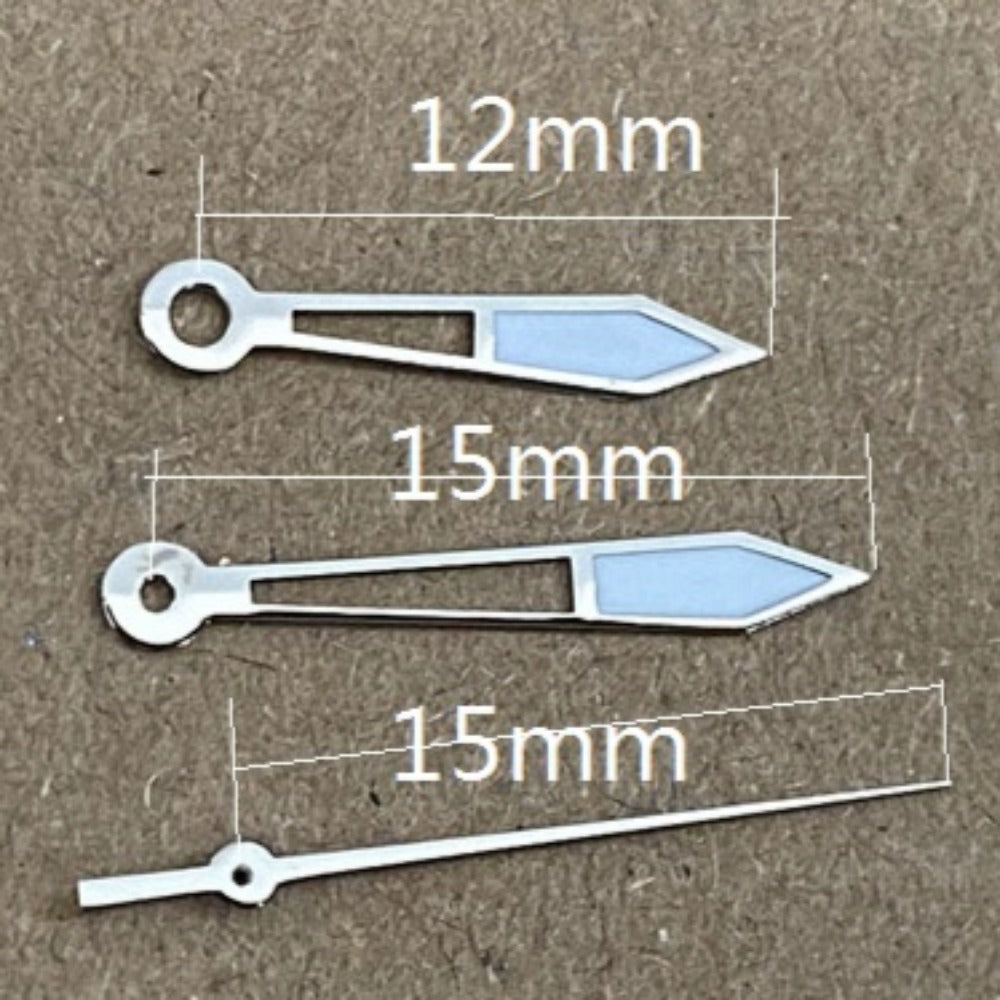 12x15x15mm Silver Trim Green Lume Hollow Watch Hands for Ronda 515 Quartz