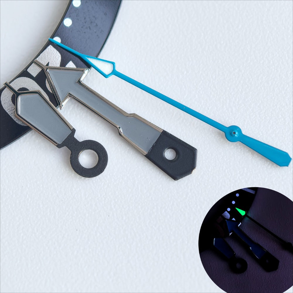 Silver Trim Grey Painted Blue Second Green Lume Watch Hands for NH35/36 Movement