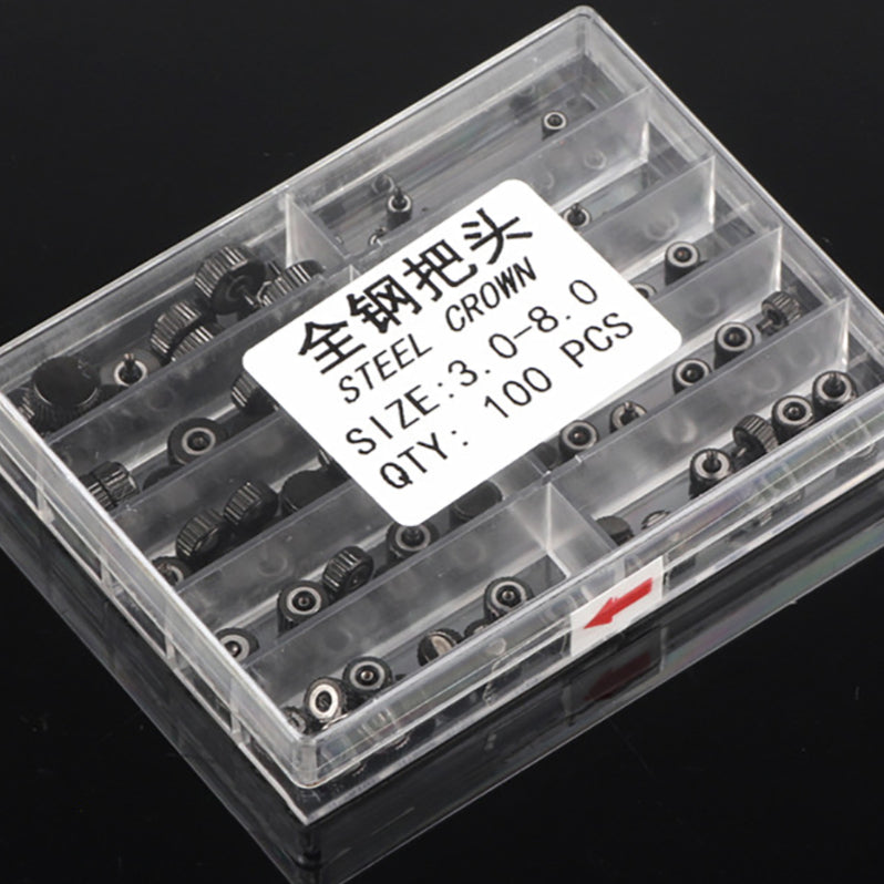 100pcs 3-8mm Black Stainless Steel Quartz Watch Crowns Kit Sets