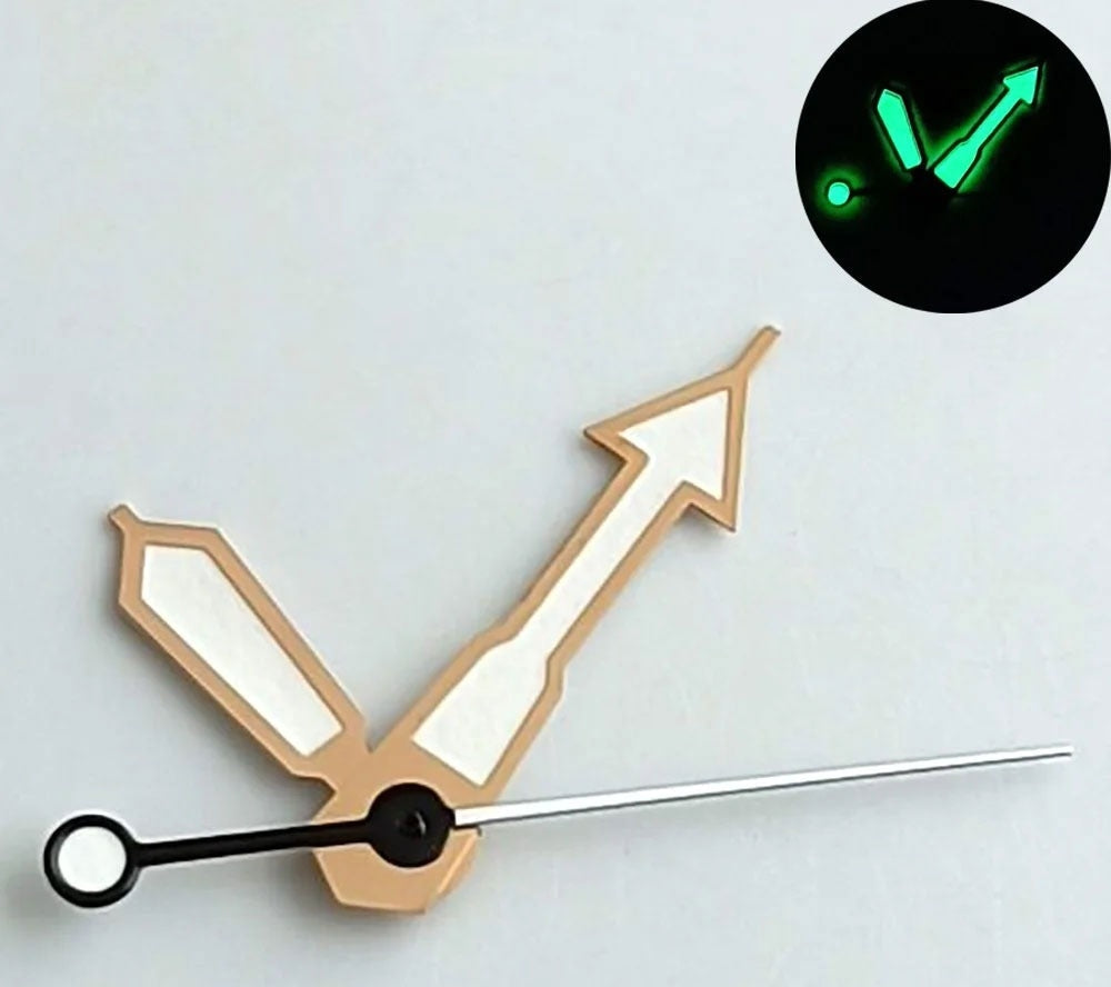 Arrow Shape Green Lume Rose Golden Trim Watch Hands for NH35 NH36 7S26 NH70