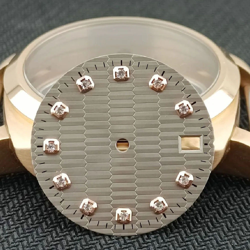 Modified 28.5mm Rose Golden Square Nail Light Grey Datejust Dial for NH35 NH36